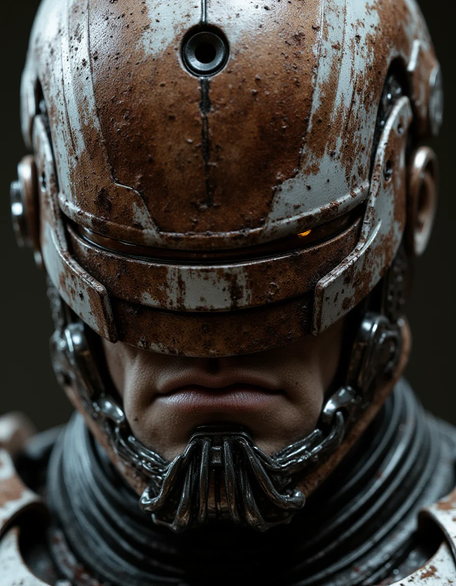 front view, samsung king mackerel, Robotic Terror, Large Format Photography, selective color, subdued nightlight, leica m3 analog, muted low grain, ((a close-up portrait)) robocop, a dilapidated Awful with mechanical Peplum dress, stained with blood and dust. advanced cinematic perfect light metal textures, scars, damaged implants. futuristic dystopian atmosphere, Edgy lighting with cold glare. darksyber aesthetic, photorealistic style, portrait, (tuvaluan:1.15) , (Gray eyes:1.05) , ( pink lips:1.05) , (thin lips:1.05) , long face-shape, (bushy hair style:1.05) , (multicolored hair color:1.05) , (Knotty hair length:1.05) , A close up view of the face of a robot. The robot's face is covered in Amaranth and white paint. The eyes of the Journalist are covered in Flamboyant deep purple paint. There is a Absurd circle in the center of the head that is black in color. There are ridges of the metal around the robot's neck and around the neck. The figure's neck is made up of a series of ridges and bumps that run vertically. The face of the figure is covered by the silhouette paint.