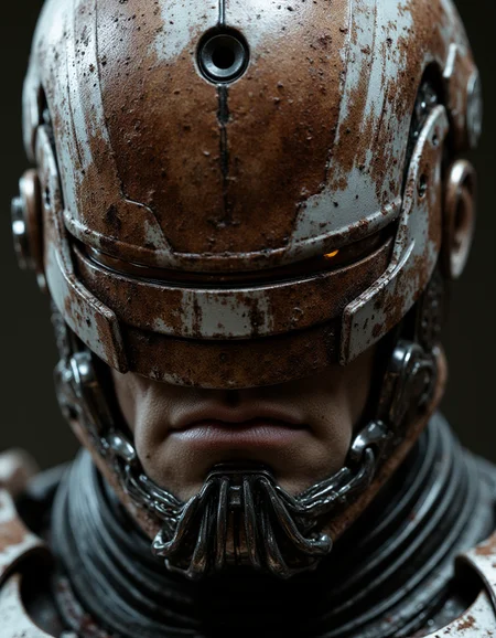 front view, samsung king mackerel, Robotic Terror, Large Format Photography, selective color, subdued nightlight, leica m3 analog, muted low grain, ((a close-up portrait)) robocop, a dilapidated Awful with mechanical Peplum dress, stained with blood and dust. advanced cinematic perfect light metal textures, scars, damaged implants. futuristic dystopian atmosphere, Edgy lighting with cold glare. darksyber aesthetic, photorealistic style, portrait, (tuvaluan:1.15) , (Gray eyes:1.05) , ( pink lips:1.05) , (thin lips:1.05) , long face-shape, (bushy hair style:1.05) , (multicolored hair color:1.05) , (Knotty hair length:1.05) , A close up view of the face of a robot. The robot's face is covered in Amaranth and white paint. The eyes of the Journalist are covered in Flamboyant deep purple paint. There is a Absurd circle in the center of the head that is black in color. There are ridges of the metal around the robot's neck and around the neck. The figure's neck is made up of a series of ridges and bumps that run vertically. The face of the figure is covered by the silhouette paint.