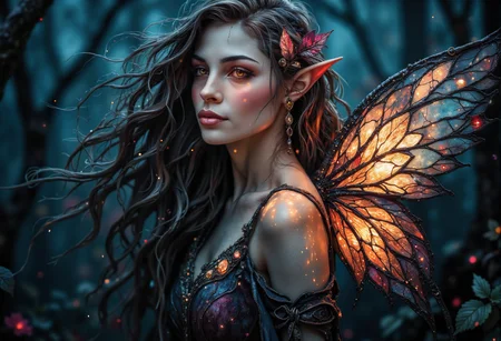 ArsMJStyle, Stained Glass,dark fantasy, eerie,. A breathtaking young elf with delicate, stained glass butterfly wings, glowing softly as they catch the light. Her skin is smooth, radiant, and flawless, with a subtle luminescence under natural lighting. She stands in a lifelike enchanted forest, the soft glow of bioluminescent plants surrounding her. Her butterfly wings shimmer with a stained glass effect, detailed with intricate patterns and transparent sections that reflect ambient light like a prism. Her flowing, silky hair moves gently in the wind, each strand rendered with ultra-realistic texture. The elf's face is serene, with lifelike features and striking, luminous eyes that shine with a hint of magic. Her expression is peaceful yet captivating, drawing attention to the exquisite craftsmanship of her facial details. Highly detailed, photorealistic, sharp focus, volumetric lighting, realistic shadows, ultra-high definition, and cinematic atmosphere., <lora:StainedGlassFlux.safetensors:1.0:1.0> <lora:fantasy-flux-v1.safetensors:1.0:1.0> <lora:Flux Darkfantasy_epoch_1.safetensors:0.75:0.75>