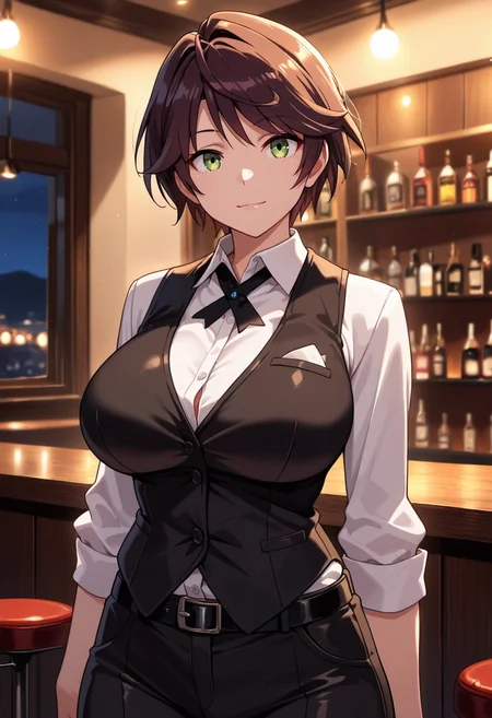 masterpiece, best quality, amazing quality,eira kishida, green eyes, brown hair, short hair, mature female, 1girl, breasts,large breasts,solo,closed mouth, light smile, black vest, collared shirt, white shirt,black cross tie, long sleeves, black belt, black pants, cowboy shot, standing, looking at viewer, indoors, bar \(place\), bartender, night, blurry background<lora:eira kishidaV1:0.9>