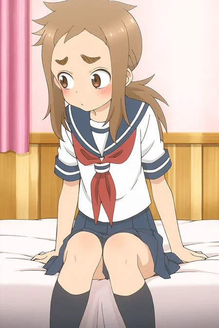 masterpiece,best quality,good quality,rating safe,, <lora:hibino_mina-ill_narcissu:1>,mina, hibino_mina, karakai jouzu no takagi-san,1girl, solo, , brown hair, brown eyes, thick eyebrows, long hair, ponytail, serafuku, red neckerchief, blue sailor collar, short sleeves, white shirt,blue skirt,black socks,anime screencap,blush,sitting on the bed,looking to the side,bedroom