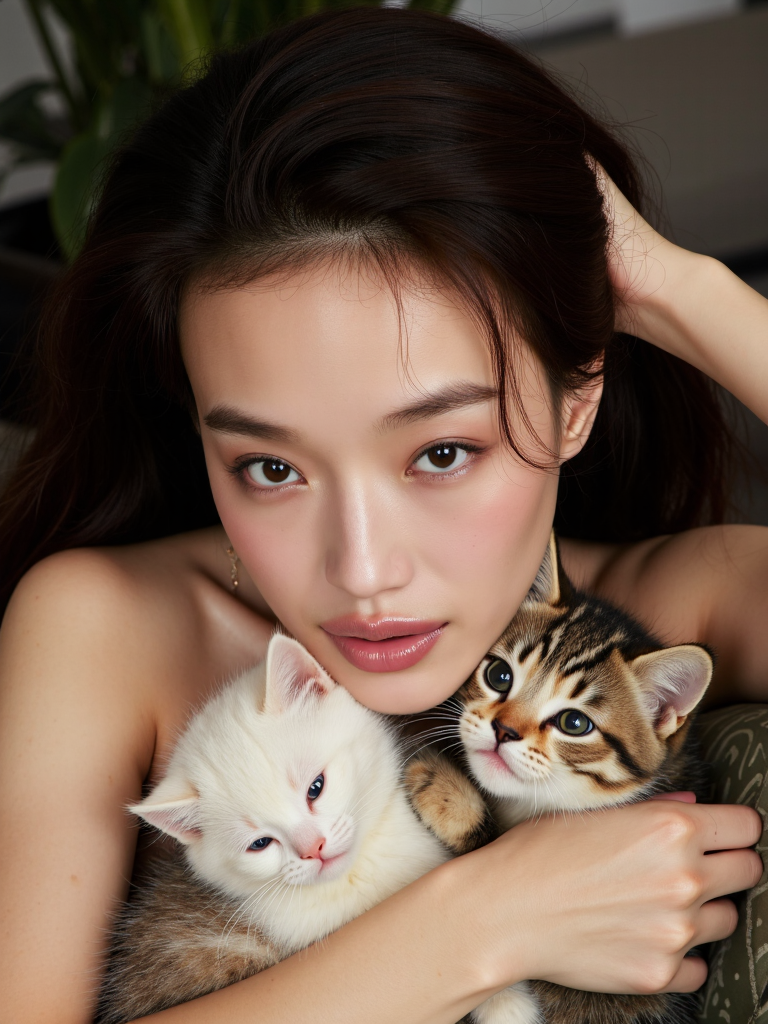 There are wonderful studio lights and various reflections,her thin face is very delicate,
18yo beautiful cute girl with blushing and female orgasm.skin naturally showing the texture of blood vessels and detailed pale skin,(looking at viewer:1.2),
sfw cowboy shot,--,
--,<lora:Hsu_Chi_f1_rank2_bf16:1>,she is Hsu Chi,
--,a young pale woman with a face like a porcelain doll and big eyes,long wavy hair hugging her super cute kitten,contrast between love and distance,cozy living room background,loose brushwork,play of light and shadow,a masterpiece,award winning,,