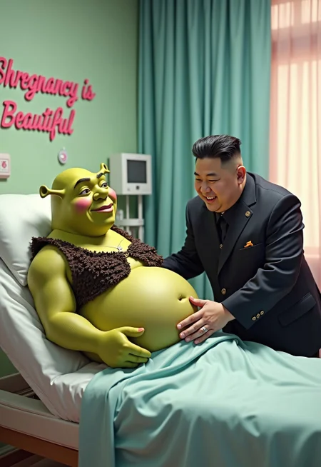 At the top of the image shrek-style letters spell out "Shregnancy is Beautiful". The image depicts Shrek lying in a hospital bed in a clearly identifiable maternity ward, with his large, distended, and bare green belly exposed, making his pregnancy unmistakably clear. His face is flushed with a deep blush, a mix of embarrassment and humor, while his hands rest awkwardly at his sides. Standing beside the bed, Kim Jong Un, dressed in his classic black suit, places one hand gently on Shrek’s bare belly with a calm, supportive smile. The setting includes typical maternity ward details: pastel curtains, a medical monitor, and playful decorations like balloons. The scene is surreal, absurd, and rendered in vibrant, high-quality detail, capturing the comedic and whimsical nature of the scenario