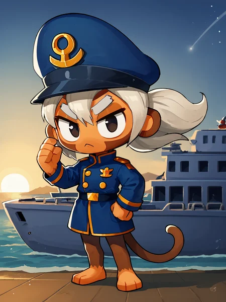 score 7 up,score_6_up,tropical, highres,solo,chibi,dark dramatic lighting,blue navy uniform coat,girl on battleship deck,wind blowing,boat,night ocean,shadow,<lora:btd6.v2:0.8>,furry, monkey, btd6, no nose, tail,1girl,navy hat,white hair,serious,