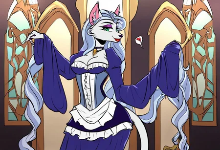 A breathtakingly hyper-realistic anime cat girl, standing in the center of a grandiose ballroom, bathed in soft, ethereal moonlight that filters through the towering stained-glass windows. She is dressed in an exquisitely tailored maid dress, the fabric a rich blend of velvet and silk, adorned with intricate lace detailing and frills that delicately frame her feline features. The dress is a captivating shade of midnight blue, contrasting beautifully with her snow-white fur and long, flowing hair which cascades down her back in elegant waves. Her piercing emerald eyes sparkle with a mix of mischief and grace, as she holds a silver platter with an enigmatic smile playing on her full, red lips. The room itself is a masterpiece of opulence, with ornate gold trimmings and elaborate chandeliers casting a warm glow across the polished marble floors and high ceilings adorned with frescoes. A sense of solitude and anticipation fills the air, hinting at a story yet to unfold. The cat girl's tail swishes playfully behind her, the tip curling up in a perfect question mark, inviting the viewer into the mystery of her silent, nocturnal soiree. Her digitalized fur appears so lifelike it seems one could almost feel its softness, while the folds of her dress and the sheen of her eyes are rendered with a masterful precision that defies the two-dimensional plane.