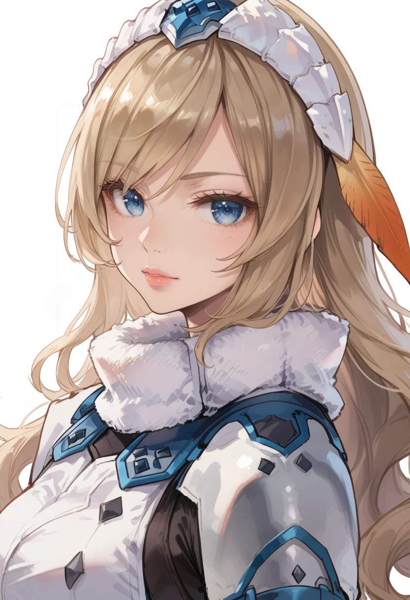 (score_9:0.9),score_8_up,score_7_up,rating_safe,anime style,(zPDXL),<lora:Barioth X Gunner Armor ponyXL v1.2:0.8>,barioth x gunner armor,white headband,white fingerless gauntlets,1girl,solo,blue eyes,lips,looking at viewer,white background,upper body,simple background,mature female,