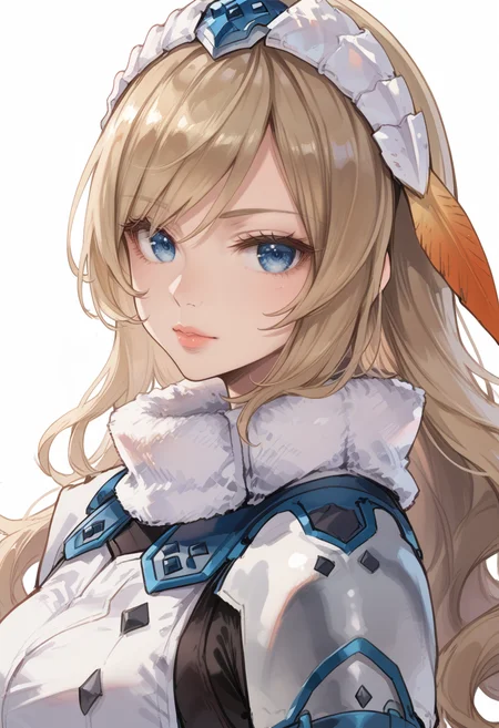 (score_9:0.9),score_8_up,score_7_up,rating_safe,anime style,(zPDXL),<lora:Barioth X Gunner Armor ponyXL v1.2:0.8>,barioth x gunner armor,white headband,white fingerless gauntlets,1girl,solo,blue eyes,lips,looking at viewer,white background,upper body,simple background,mature female,