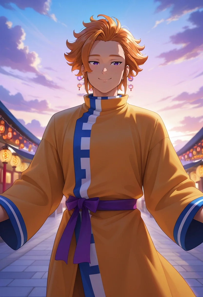 masterpiece, best quality, , (photorealistic:0.6), , 1boy, solo, male focus, <lora:arthur_pendragon_ilxl:0.94>, arthur_pendragon, orange hair, purple eyes, short hair, sky bazaar, floating stalls, cloud pathways, wind lanterns, shopping pose, cheerful expression, morning,
