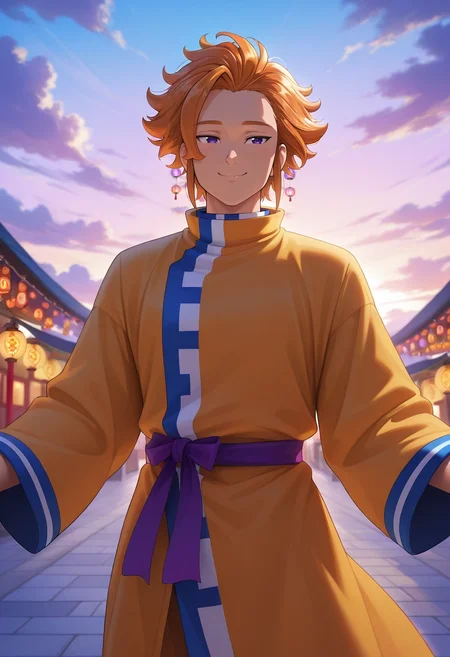 masterpiece, best quality, , (photorealistic:0.6), , 1boy, solo, male focus, <lora:arthur_pendragon_ilxl:0.94>, arthur_pendragon, orange hair, purple eyes, short hair, sky bazaar, floating stalls, cloud pathways, wind lanterns, shopping pose, cheerful expression, morning,