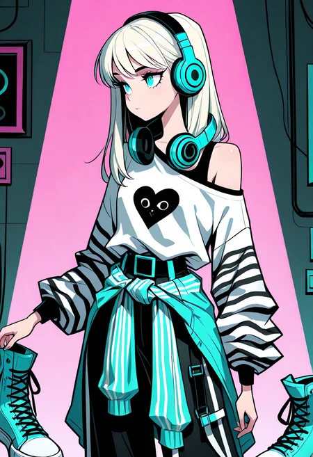 masterpiece, best quality, 1girl, solo, eyelashes, (beautiful eyes), standing, cowboy shot, shoes, striped, belt, pants, off shoulder, headphones, sneakers, clothes around waist, fashion, <lora:Style60_IXL:1.0>,