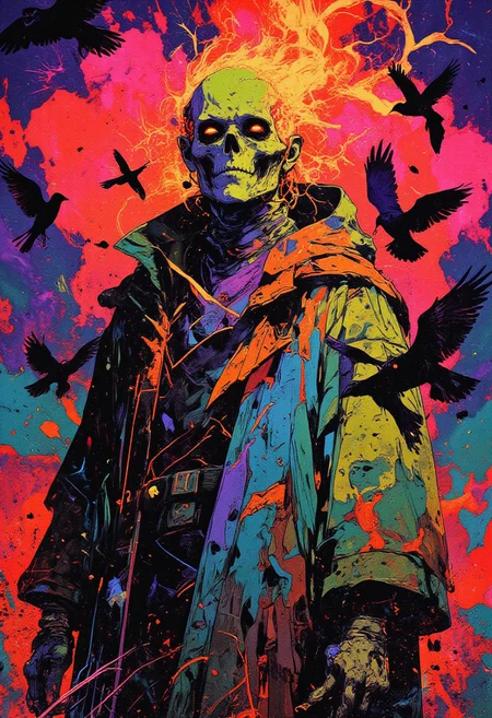 **(High contrast colors, highly artistic, modern art)** A digital artwork bursts with electrifying intensity, featuring a surreal figure enveloped in a robe of pulsating neon magenta and jagged cyan patterns, clashing violently against the deep black and crimson streaks slicing through the fabric. The figure's face, an eerie mask of glowing lime green, is void of emotion, with piercing ultraviolet eyes and lips edged in electric blue, exuding an almost spectral presence. Their exaggerated, flame-like hair, now a swirling mass of molten orange and radioactive yellow, extends outward in sharp, chaotic tendrils, as if alive with energy.
Encircling the figure, silhouettes of birds appear as jagged, high-contrast splashes of searing pink and pure white, fragmented and abstract, their motion erratic as they scatter across the composition like shards of light breaking through the void. The background radiates an otherworldly fusion of deep violet and hyper-saturated teal, crackling with scattered specks of incandescent gold, adding a cosmic depth that pulsates with raw, modernist energy.
The fusion of extreme contrasts, dynamic geometry, and surreal distortion crafts a hypnotic vision—where abstract form meets electrified chaos, creating an intense and mesmerizing visual experience that challenges perception and immerses the viewer in a dream of vibrant dissonance.