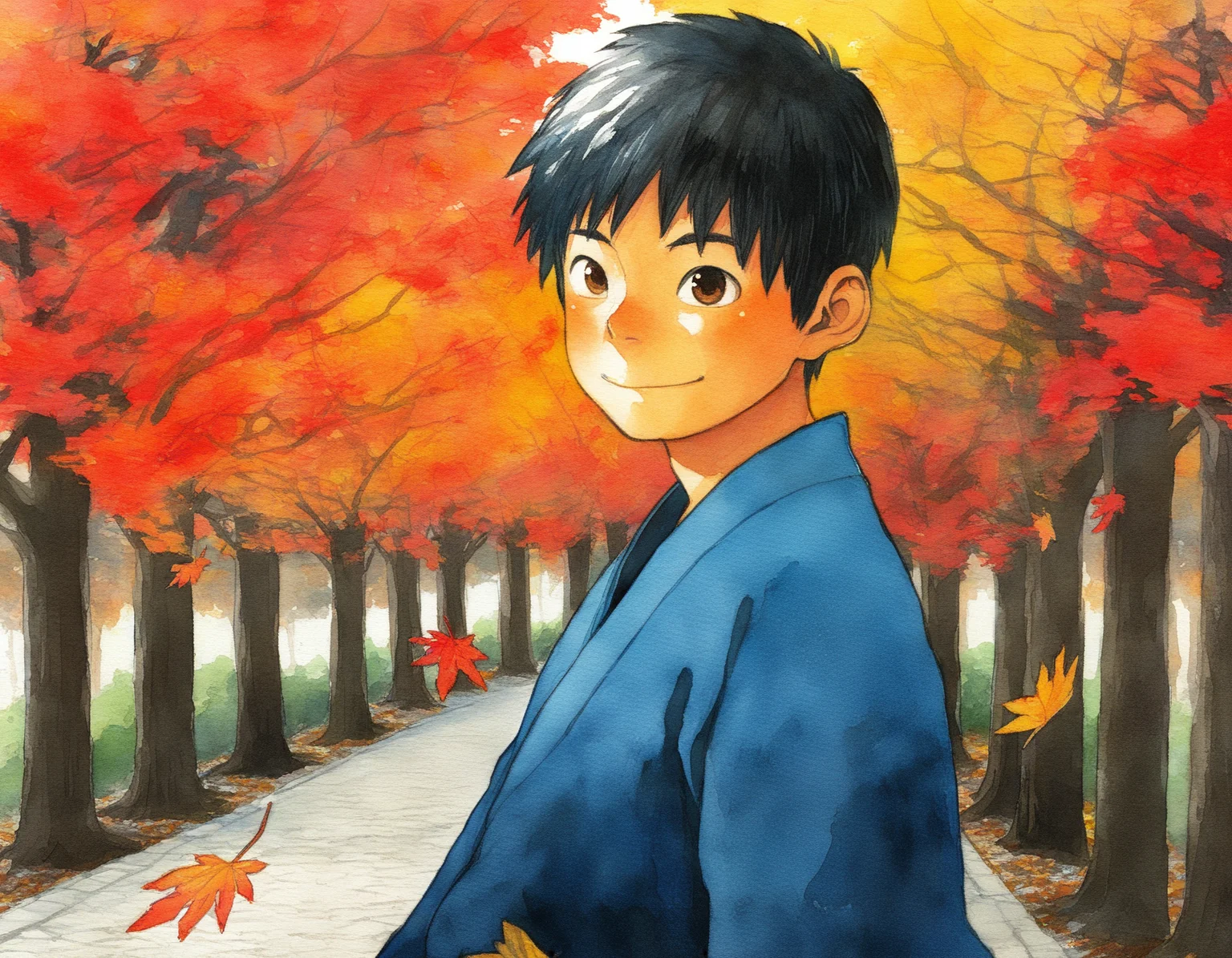 best quality, good quality, shounenzoom-style, 2010s, watercolor, outdoors, autumn, trees, autumn leaves, japanese garden, from side, upper body, 1boy, solo, black hair, brown eyes, japanese clothes, yukata, smile, looking at viewer <lora:shounen_zoom-naixl_vpred-v7Nd-ShoAI:1>