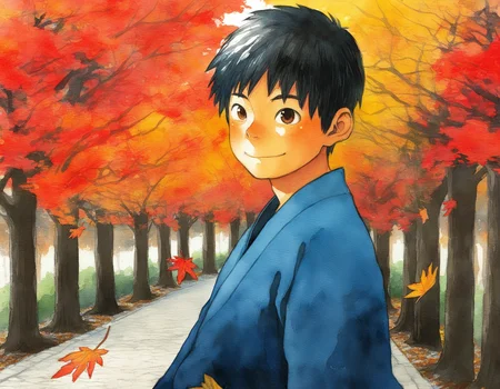 best quality, good quality, shounenzoom-style, 2010s, watercolor, outdoors, autumn, trees, autumn leaves, japanese garden, from side, upper body, 1boy, solo, black hair, brown eyes, japanese clothes, yukata, smile, looking at viewer <lora:shounen_zoom-naixl_vpred-v7Nd-ShoAI:1>