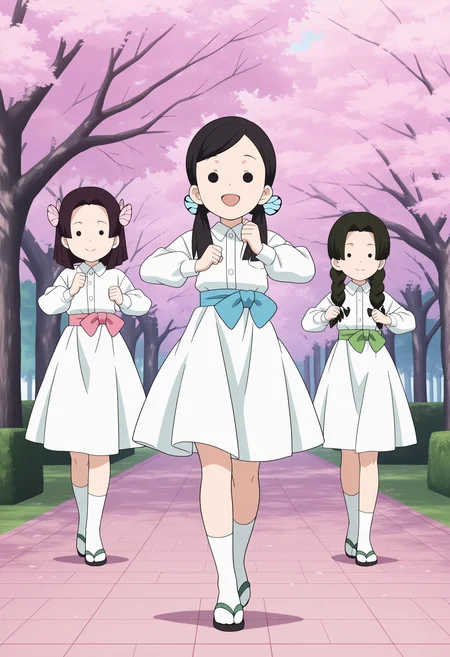 3girls, butterfly mansion girls, terauchi kiyo, black hair, hair, dot eyes, pink hair ribbon, pink butterfly hair ornament, collared shirt, white dress, pink obi, white skirt, white socks, sandal,
nakahara sumi, swept bangs, low twintails, blue hair ribbon, blue butterfly hair ornament, blue obi,
takada naho, parted bangs, twin braids, green hair ribbon, green butterfly hair ornament, green obi,
full body, dancing, dynamic pose, happy, outdoors, park, sakura,
masterpiece, best quality, ultra-detailed, very aesthetic, illustration, perfect composition, intricate details, absurdres, official art, official style, source_anime, anime screencap, anime coloring, newest, intricate, hires textures, high detail, 4k, incredibly detailed, perfect anatomy, UHD, 8K,
| <lora:DS-butterfly_mansion_girls_XL(ill01)v10d:1>