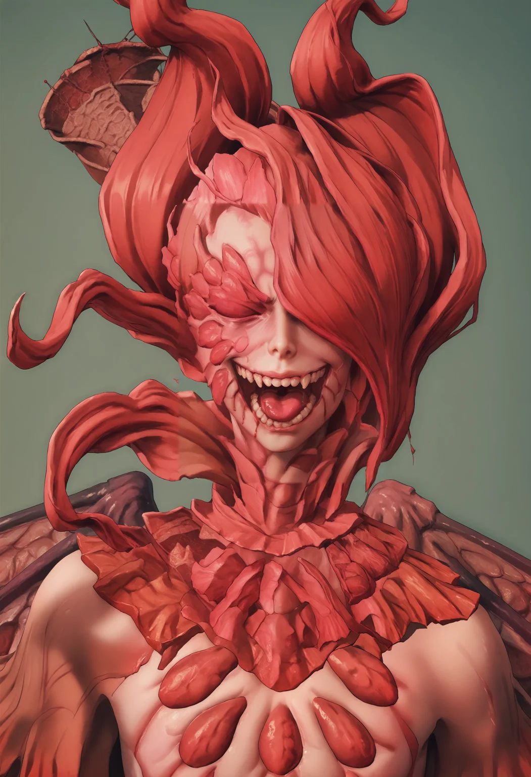 score_9, score_8_up, score_7_up, score_6_up, score_5_up, score_4_up, 1girl, <lora:RominaV2:0.85> solo, eyeless, red hair, monster girl, wings, red theme, blood, upper body, front view, mouth open, crazy laugh,
(light blue background), simple background