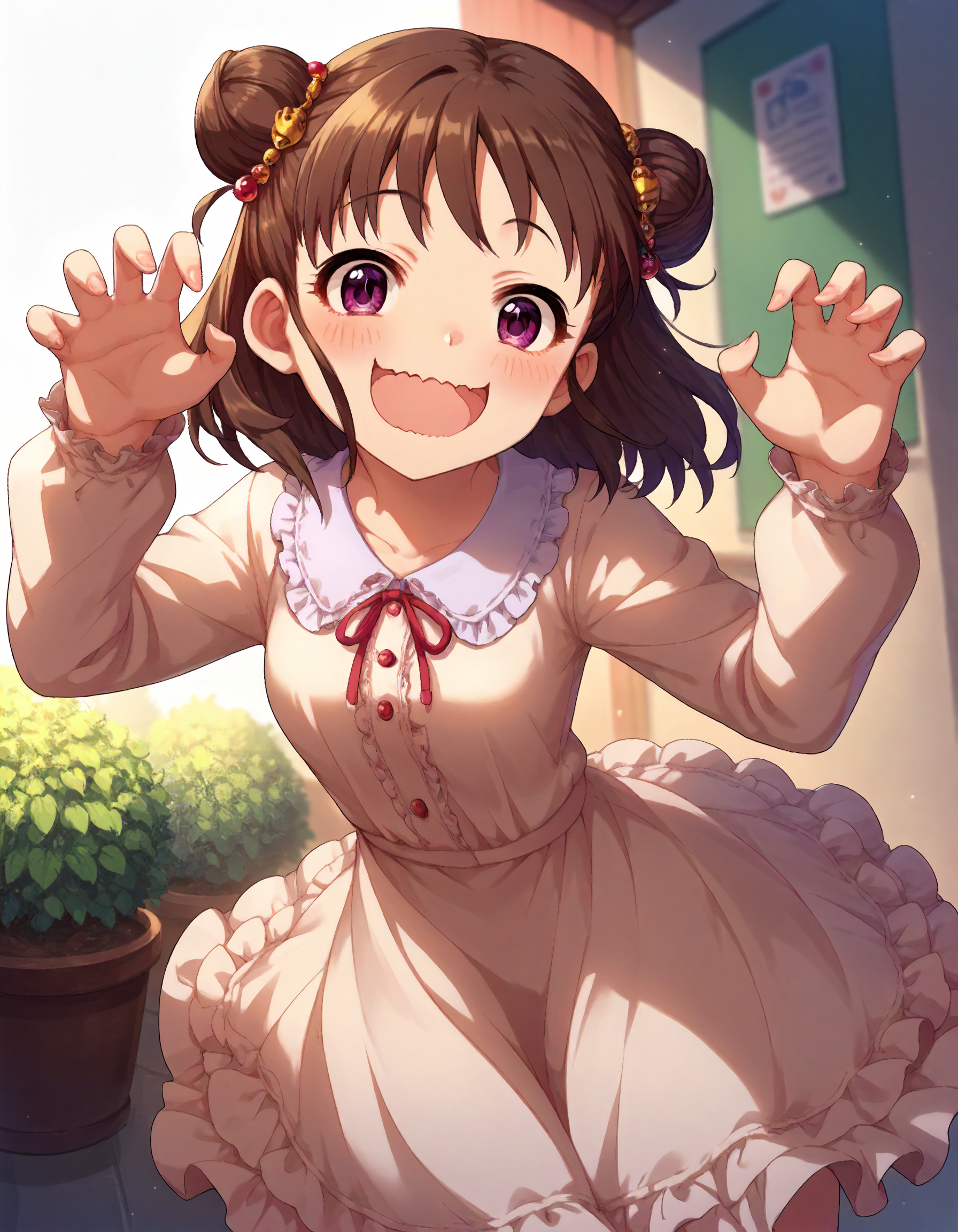 score_9, score_8_up,score_7_up,1girl,solo,cowboy shot,looking at viewer,smile,open mouth,wavy mouth,claw pose,
<lora:munakataatsumi_ponyXLV6:0.8>,cgmat,brown hair,short hair,double bun,hair ornament,purple eyes,dress
