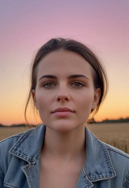 30yo american woman in a wheat field
Small eyes. Brown eyes.
Wearing ripped Denim jacket
no makeup. Clear skin. realistic skin style
Long dark black slick back hair. No makeup. Dusk, Street light. Looking at camera POV. Slight smile, tilting head.. Tilt head. Hands in head, face, lips.
Medium Close Up shot. Bokeh. Bokeh light. Sunset. yellow, purple sky.