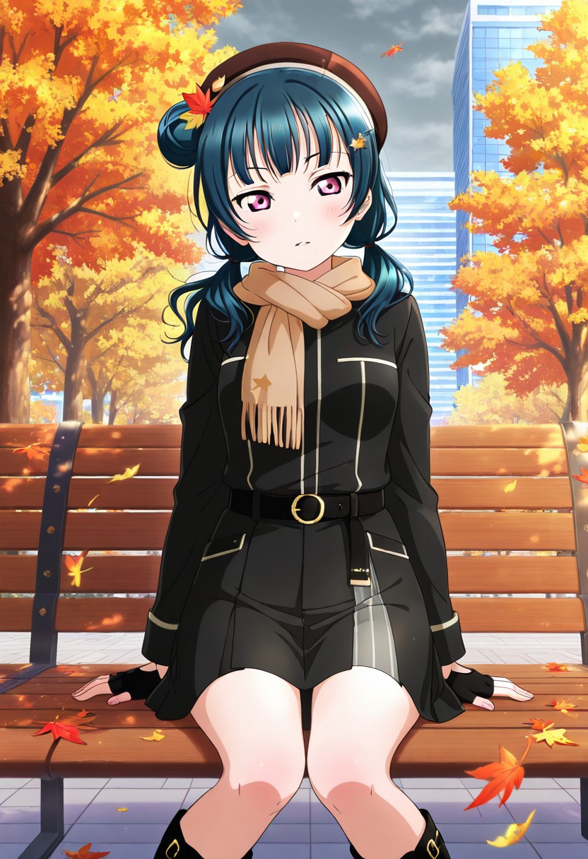 masterpiece, best quality, 
 1girl, tsushima_yoshiko, autumn_leaves, beret, black_jacket, black_skirt, boots, brown_scarf, city_park, fallen_leaves, fingerless_gloves, gloves, green_eyes, grey_sky, hair_ornament, highres, leaf, leaves, long_hair, looking_at_viewer, love_live!_school_idol_festival_all_stars, love_live!_sunshine!!, official_art, outdoors, red_leaves, sitting_on_bench, solo, stylish, tree, twintails, wind