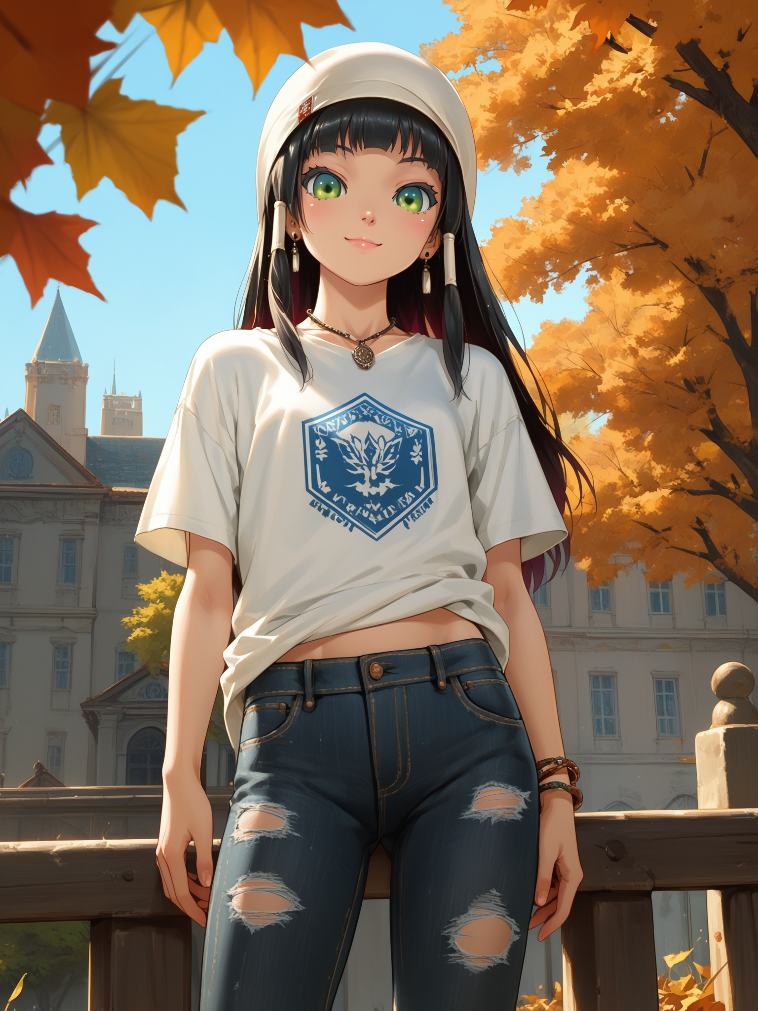 (cowboy shot, solo focus:1.2) <lora:happy_tentacle-renge-v0.2-000016:1>, ht_renge, hair tubes, white hairband, black hair (petite:1.2), <lora:Shed_The_Skin's StS_age_slider_v1_initial_release:-1.5> ( :1.1) ( , , ( :1.2) , smile , (looking down:1.2) :1) , outdoors, vegetation, ( :1.1), autumn , (day :0.6), , (:0.5), , (medieval :0.9), (contemporary, streetwear:1.2), torn jeans, denim , beanie , t-shirt , , two-sided fabric, (jewelry:1.2), earrings, bracelet, necklace, , ( :0.8) score_9, score_8_up, score_7_up, score_6_up, score_5_up, score_4_up, ( :1) <lora:LUUNA's Lunas-NijiJourney-SDXL-B2:0.35>, nijijourney <lora:prgfrg23's Counterfeit-V3.0 Style SDXL_LoRA_Pony Diffusion V6 XL:0.5> <lora:mfcg's mfcgXL:0.12> <lora:reweik's gyokai(himehajime)_PonyXL_style_v01:0.14>