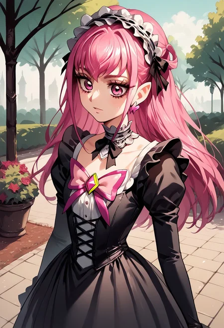 score_9, score_8_up, score_7_up, score_6_up, score_5_up, score_4_up,yes!_precure_5, 1girl, black_pantyhose, bow, dress, pantyhose, pink_hair, solo, gothic dress, gothic hairband, gdark, upper body, park