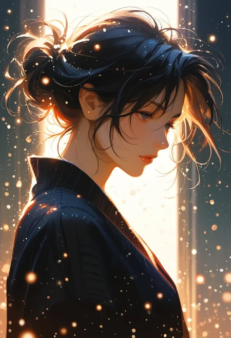 score_9, score_8_up, score_7_up, 1girl, solo, sakurajima_mai, black hair,, 
particles,