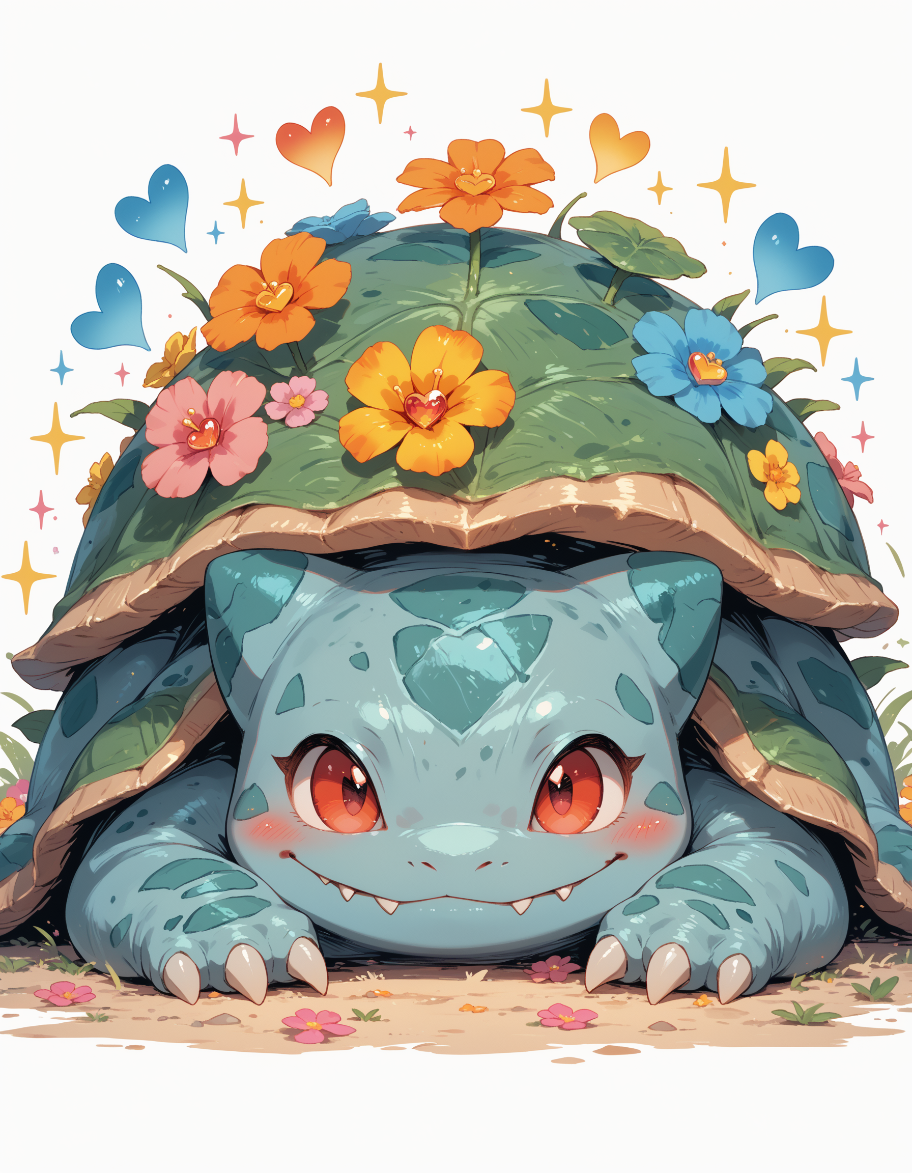 PonyXLV6_Scores BREAK E4rth_K4waii_Pr1de, solo, looking at viewer, blush, smile, simple background, red eyes, white background, closed mouth, flower, heart, lying, pokemon (creature), no humans, sparkle, fangs, happy, on stomach, gem, claws, pink flower, blue flower, yellow flower, head wreath, straight-on, orange flower, flower wreath, fangs out, bulbasaur, <lora:Earthnicity_Kawaii_LGBTQIA__Plural_Pride_Lora_Pony_XL:0.8>
