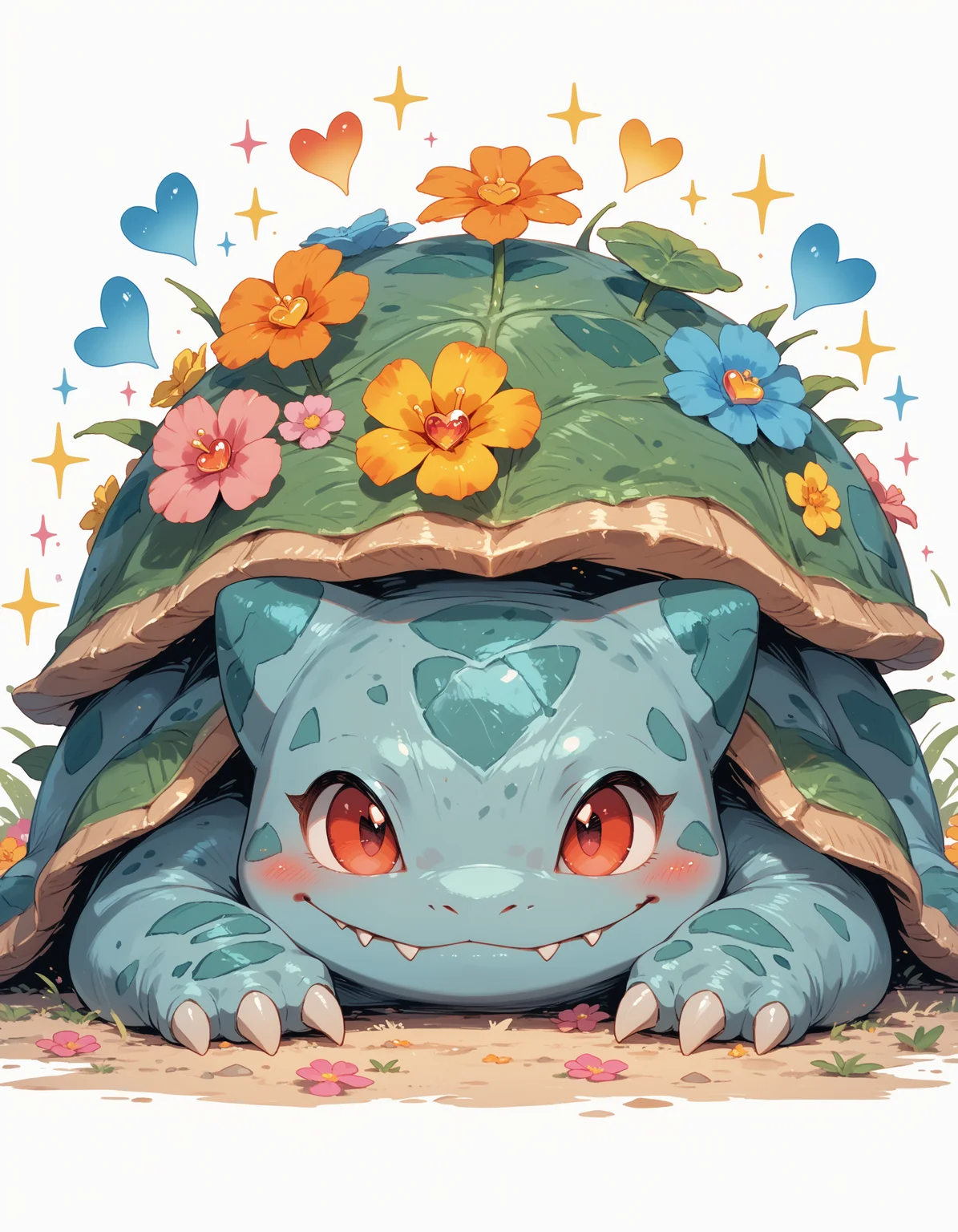 PonyXLV6_Scores BREAK E4rth_K4waii_Pr1de, solo, looking at viewer, blush, smile, simple background, red eyes, white background, closed mouth, flower, heart, lying, pokemon (creature), no humans, sparkle, fangs, happy, on stomach, gem, claws, pink flower, blue flower, yellow flower, head wreath, straight-on, orange flower, flower wreath, fangs out, bulbasaur, <lora:Earthnicity_Kawaii_LGBTQIA__Plural_Pride_Lora_Pony_XL:0.8>