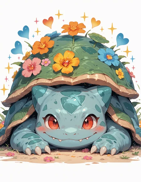 PonyXLV6_Scores BREAK E4rth_K4waii_Pr1de, solo, looking at viewer, blush, smile, simple background, red eyes, white background, closed mouth, flower, heart, lying, pokemon (creature), no humans, sparkle, fangs, happy, on stomach, gem, claws, pink flower, blue flower, yellow flower, head wreath, straight-on, orange flower, flower wreath, fangs out, bulbasaur, <lora:Earthnicity_Kawaii_LGBTQIA__Plural_Pride_Lora_Pony_XL:0.8>