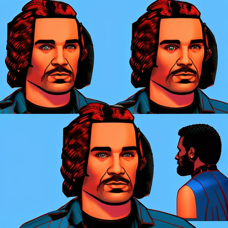 dskyart1, digital art, duskfall crew style, comic book style, flat colors, digital colors, portrait, a man with black and red hair, stubble, blue eyes, blue cyberpunk shirt, looking at the camera, very detailed faces, rotoscope, wlop, in the style of andy kubert, dskyart1