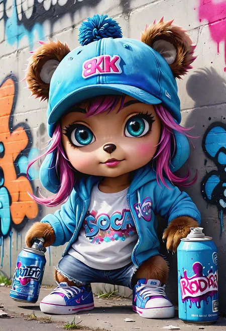 Watercolor 8k,  hip hop Graffiti whimsical  monster, teddy bear girl creature with cute Chibi eyes. Wear a blue hat and blue shoes, holding a soda bottle, cans of spray paint in ground with walls covered in graffiti behind her. Graffiti, Hip Hop,  extremely highly detailed, intricate, Colorful, sharp focus, darling, high light, photorealistic