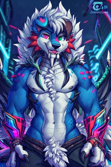 Shiny Lycanroc, brave male, blue fur, blue skin, blue body, dragon accents, scalie, Dragon scales, reptile scales, large dragon wings on his back, wolf ears, he is the alpha wolf, standing, (heterochromia:1.4), (left eye is Green:1.4), (right eye is red:1.4), eyes, shiny eyes, glowing eyes, perfect eyes, Pixar eyes, long fluffy tail, very large tail, tail up, very furry and fluffy, very large fangs, sabertooth fangs, smiling, perfect ligthing, very large claws, blue flames around him, front view, cyberpunk city background, retrowave, synthwave, flat body, few armor pieces, big red moon, close up to face, (dimwitdog 0.6), (thesecretcave:1.3), (zaush:1.3), (cooliehigh:1.2), (R-mk:1.2), (complextree:1.2), (pixelscketcher:1.3), (Cervina7:1.4), (messh:1.4), (eternityzinogre:1.1)