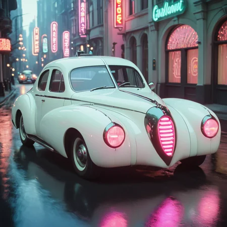 <lora:40sTechnicolorCyberpunkSDXL:1> ArsMovieStill, movie still from a technicolor 1940s cyberpunk film, The image shows a white car driving down a street at night surrounded by buildings with windows light poles and name boards., car, ground vehicle, vehicle focus, motor vehicle, road, no humans, night, neon lights, outdoors, street