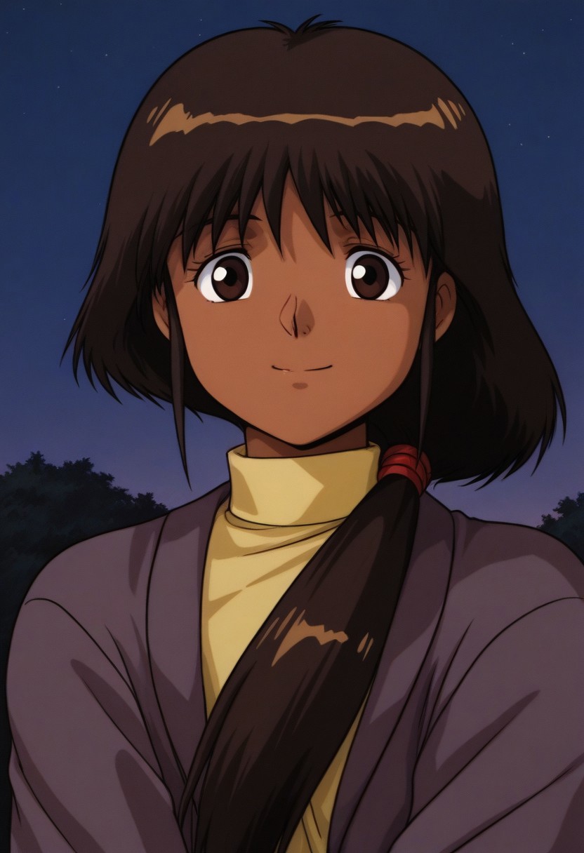 score_9, score_8_up, score_7_up, source_anime,masterpiece, best quality,  retro_artstyle,perfect_anatomy,1girl,Shakti Kareen, brown_eyes, brown_hair, bangs, long_hair, dark_skin, dark-skinned_female,(detailed face and eyes,smile),(upper body),from side,close to viewer,outdoor,sky