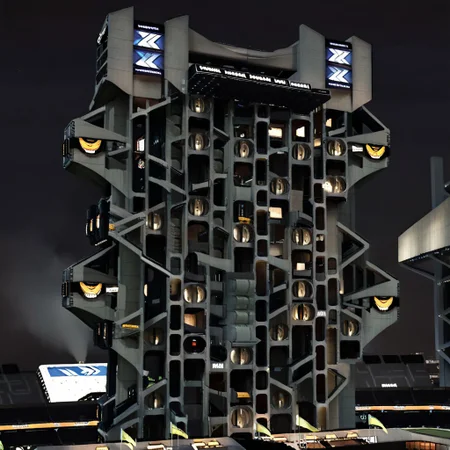 trackmania, realistic, photo, high quality, Brutalist Architecture, trackmania, scenery, building, megastructure, night
