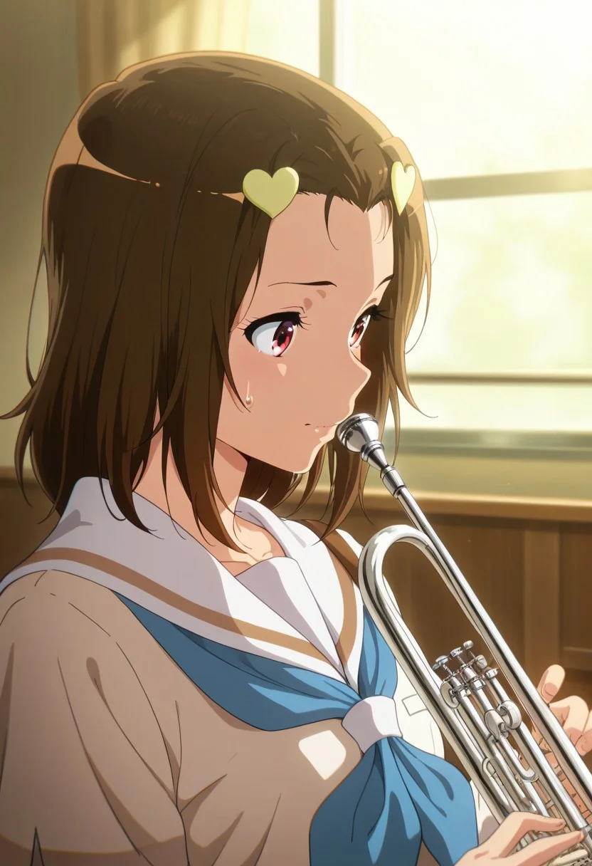 masterpiece,best quality,amazing quality, kabe tomoe, cherry-red eyes, brown hair, 1girl, instrument, solo, school uniform, kitauji high school uniform, hair ornament, holding instrument, playing instrument, serafuku, heart, heart hair ornament, sweatdrop, music