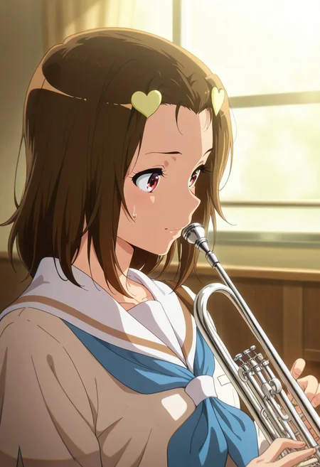 masterpiece,best quality,amazing quality, kabe tomoe, cherry-red eyes, brown hair, 1girl, instrument, solo, school uniform, kitauji high school uniform, hair ornament, holding instrument, playing instrument, serafuku, heart, heart hair ornament, sweatdrop, music