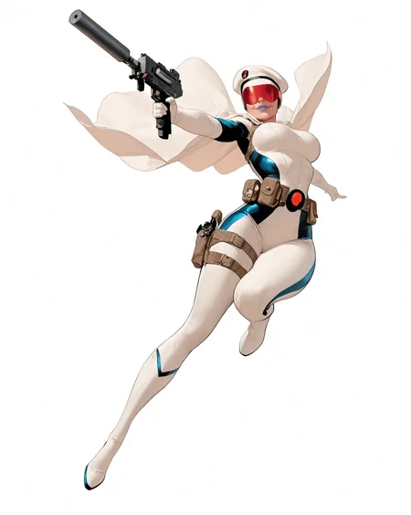 solo, (full body shot, wide shot:1.2), 1girl, (30 year old Russian woman:1.2), beautiful female cyborg spy, fair skin, (white with light blue accents superhero bodysuit with armor padding:1.3), white body armor vest, thigh pistol holsters, white cloak, white military beret, cyborg, cybernetic seams, utility belt, blue eyes, epic red visor, long blonde hair, hair bun, white arm length gloves, slim waist, (toned body:1.1), (large breasts:1.2), wide hips, ultra detailed face, (blue lips:1.2), confident closed mouth smile, strong jaw line, white thigh high superhero boots, (shooting a uzi machine pistol with a suppressor:1.2), white background, (dynamic pose, dynamic composition, dynamic angle:1.2), digital painting, masterpiece, best quality, very awa, absurdres, 8k, comic art style, <lora:NOOB_vp1_detailer_by_volnovik_v1:0.6> <lora:noobai_vpred_1_aqm_complete_v3:0.3> masterpiece, best quality, very aesthetic <lora:HyperdetailedColoredPencilIl:0.3> ArsMJStyle, Colored pencil hyperdetailed realism <lora:ponyv6_noobE11_2_adamW:0.3> <lora:illustriousXL_stabilizer_v1.7:0.4> <lora:Comics_IllustriousXL_Lora:0.3> C0M1C5 Style <lora:Superhero_Aesthetic_Illustrious:0.3> SUP3RH3R0 Style, comic art style, <lora:Carlos GomezStyleilluLYCO:0.3> cgstyle, (borderless), <lora:ppw_v7_Illuv1.0_1_r2:0.2>, <lora:anatomy_helper:1> <lora:Uzi_-_Machine_Pistol:0.5>