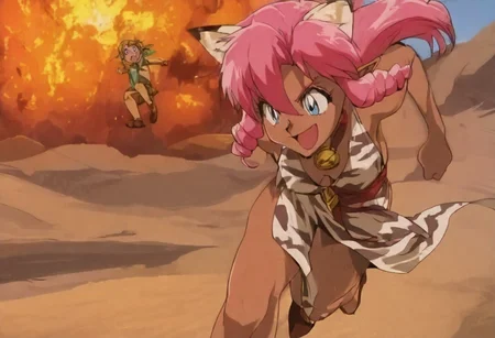 Pink_DragonPink, 1girl, sleeveless dress, white tiger print dress, pelvic curtain, bright pink hair, cleavage, cat bell necklace, cat ears, bronze tanned, white tiger tail, red sash, small breasts, leather shoes, masterpiece, very aesthetic, <lora:pink-illustrious:1>, open mouth smiling, one fang showing
Break
1boy,Anime screencap,link (zelda),blonde hair,blue eyes,pointy ears, low ponytail, sidelocks, wearing blue hyilian tunic, smiling
Break
Calamity ganon's castle blowing up, explosion, outside, at night, running, full speed, leaning forward, pink and link running side by side from the explosion, facing the viewer, explosion behind them,