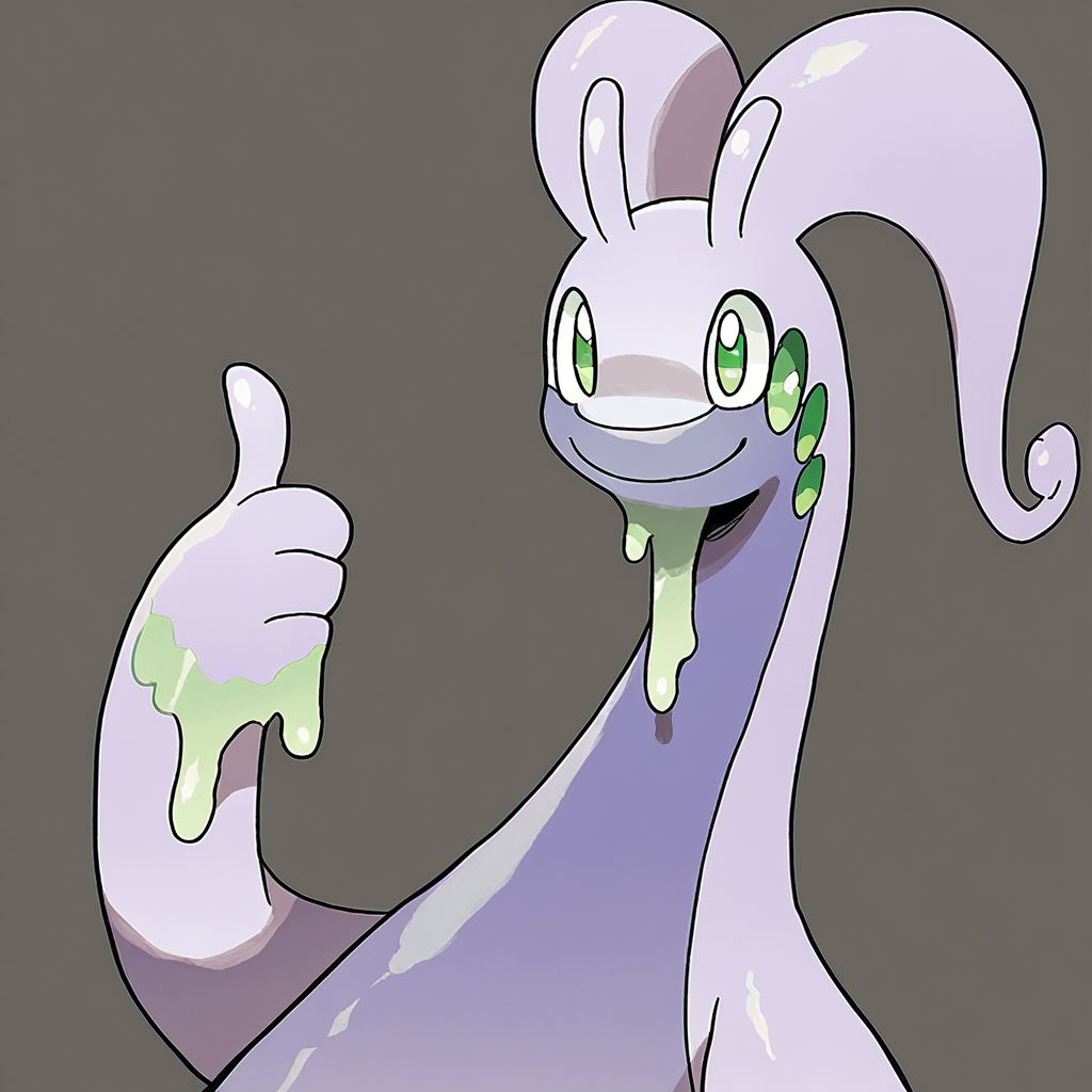 score_7_up, score_8_up, solo, pokemon_(creature), Goodra, antennae, dripping goo, smile, green eyes, (thumbs up), upper body, official art, simple background,