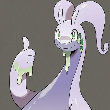 score_7_up, score_8_up, solo, pokemon_(creature), Goodra, antennae, dripping goo, smile, green eyes, (thumbs up), upper body, official art, simple background,