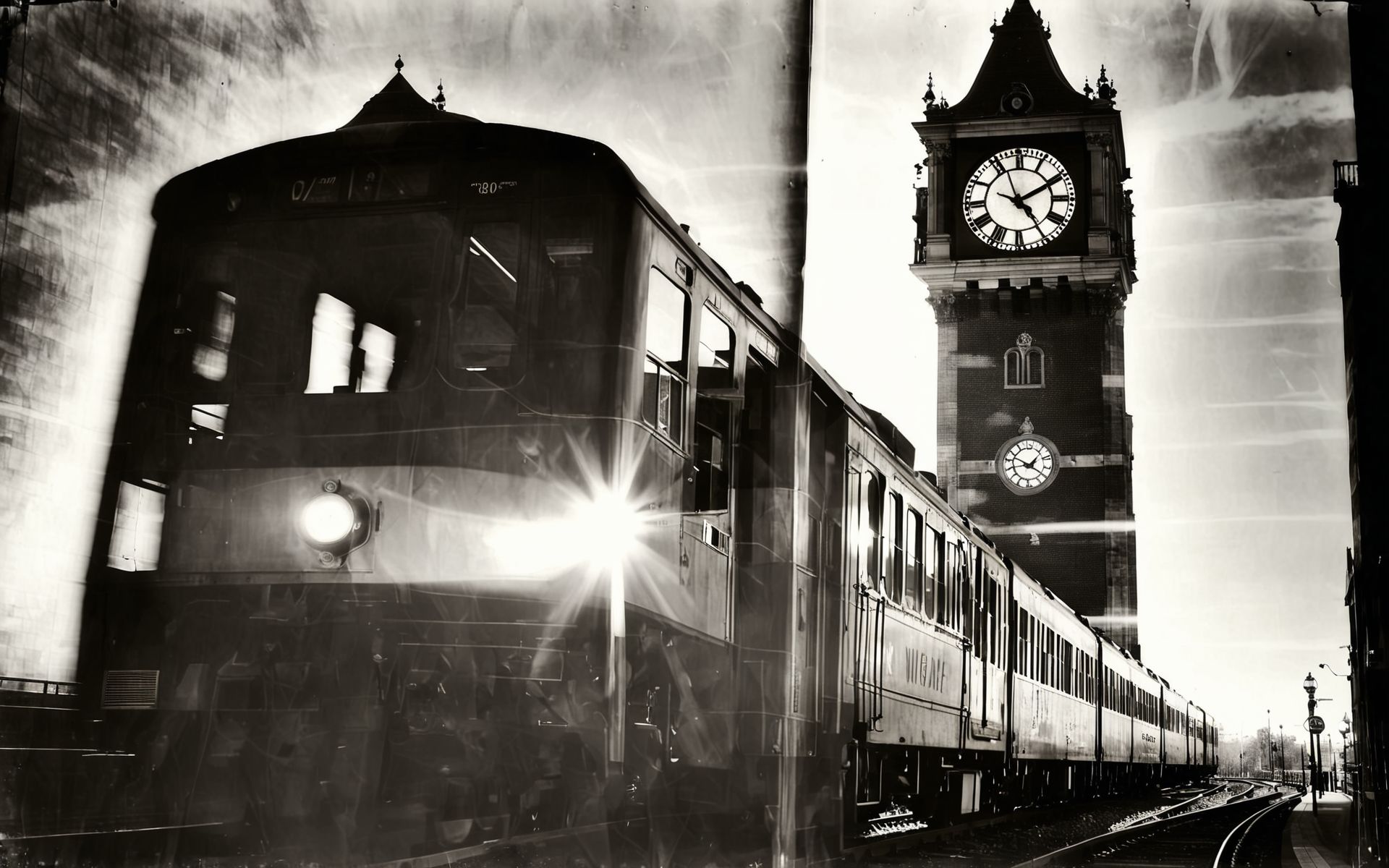 A clock tower bending over to whisper secrets to a passing train. -- <lora:CBS_novuschroma37 style_b:1> Light Distortion  <lora:Ingrid Bergman SDXL:1>  Black and white