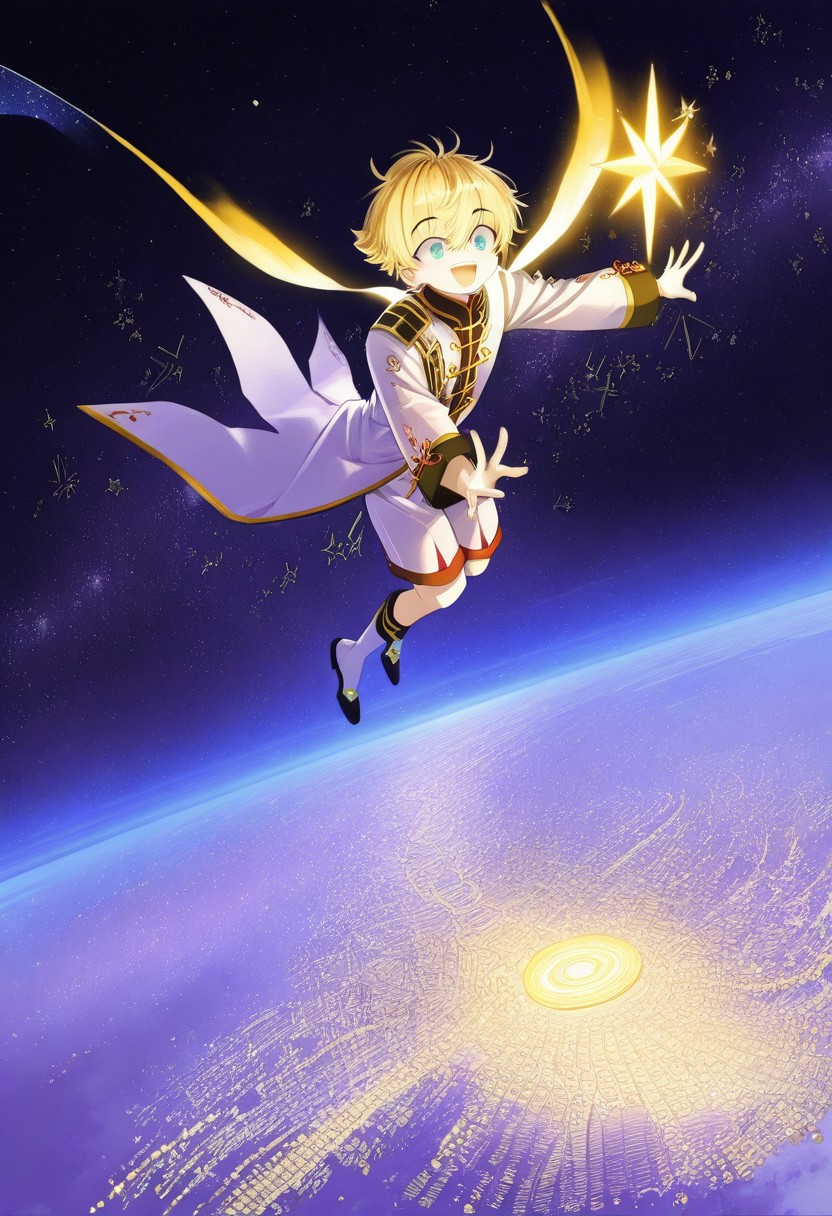 score_9, score_8_up, score_7_up, 1boy, highly detailed, aesthetically stunning, anime-style, blonde-haired, blue-eyed, young man, short hair, bangs, smiling, open mouth, white coat, long sleeves, white baggy shorts, glowing scarf, floating, space setting, starry sky, star symbols, intricate, luminous, amazing aesthetic, intricate details