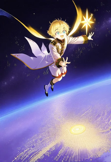 score_9, score_8_up, score_7_up, 1boy, highly detailed, aesthetically stunning, anime-style, blonde-haired, blue-eyed, young man, short hair, bangs, smiling, open mouth, white coat, long sleeves, white baggy shorts, glowing scarf, floating, space setting, starry sky, star symbols, intricate, luminous, amazing aesthetic, intricate details