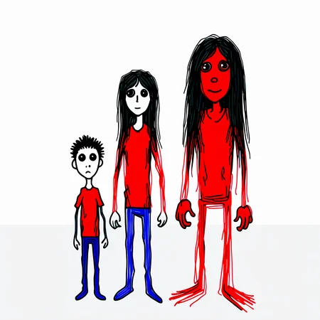red theme, long hair, 2boys, no humans, looking at viewer, sketch, male focus