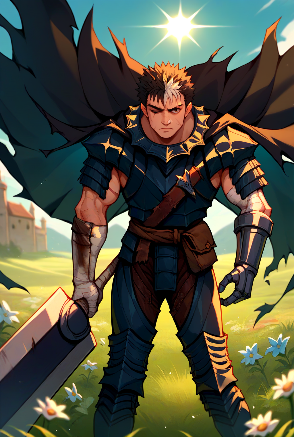 score_9, score_8_up, score_7_up, source_anime, looking at viewer, cowboy shot, 
<lora:GutsPdxlDwnsty:1>, Guts_Armor, brown eyes, short hair, multicolored hair, spiked hair, black armor, shoulder armor, gauntlets, pauldrons, greaves, bandaged arm, black cape, torn cape, scar on nose, one eye closed, muscular male, huge weapon, holding weapon, 
 medieval, grass, flower field, sunlight,