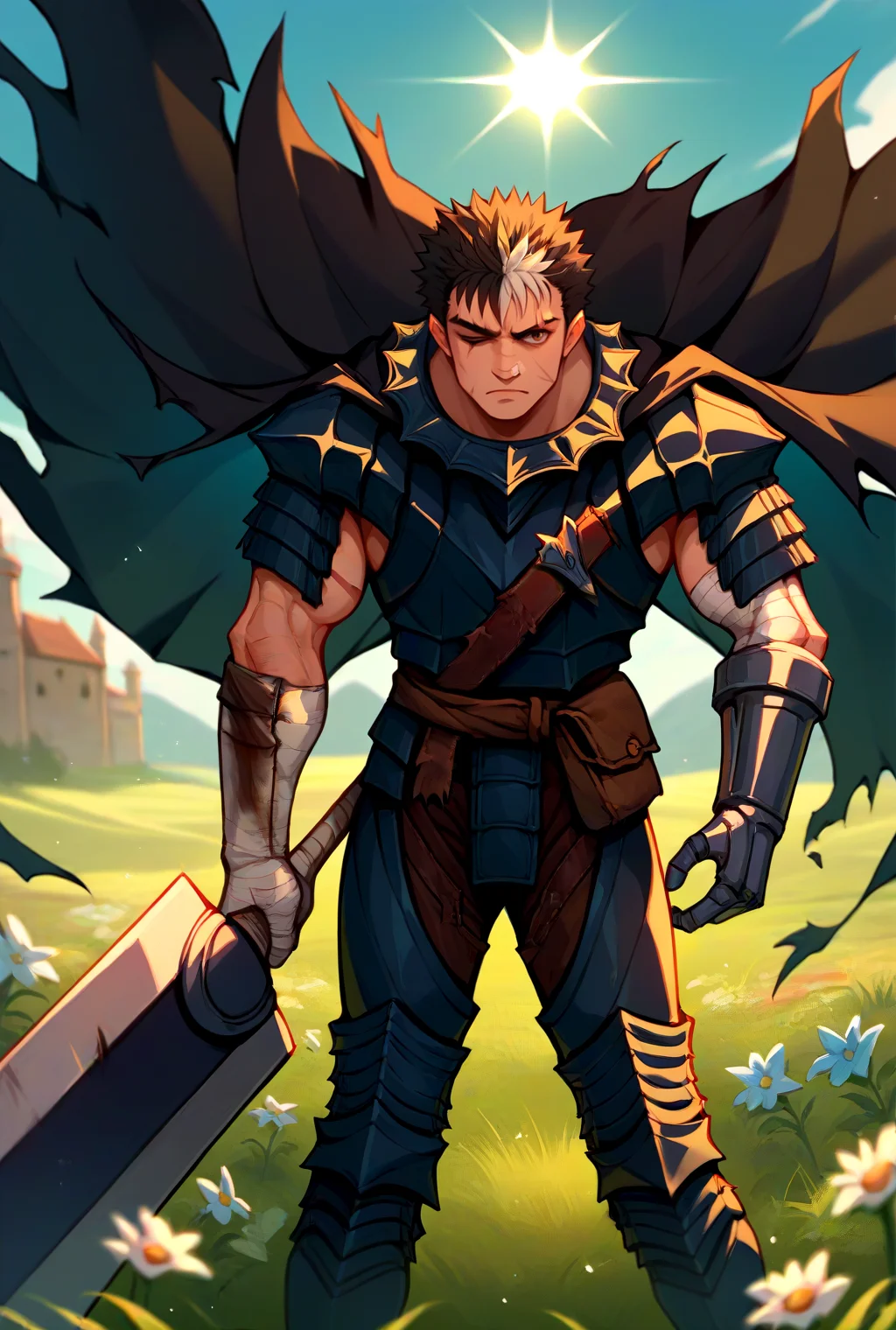 score_9, score_8_up, score_7_up, source_anime, looking at viewer, cowboy shot,
<lora:GutsPdxlDwnsty:1>, Guts_Armor, brown eyes, short hair, multicolored hair, spiked hair, black armor, shoulder armor, gauntlets, pauldrons, greaves, bandaged arm, black cape, torn cape, scar on nose, one eye closed, muscular male, huge weapon, holding weapon,
medieval, grass, flower field, sunlight,
