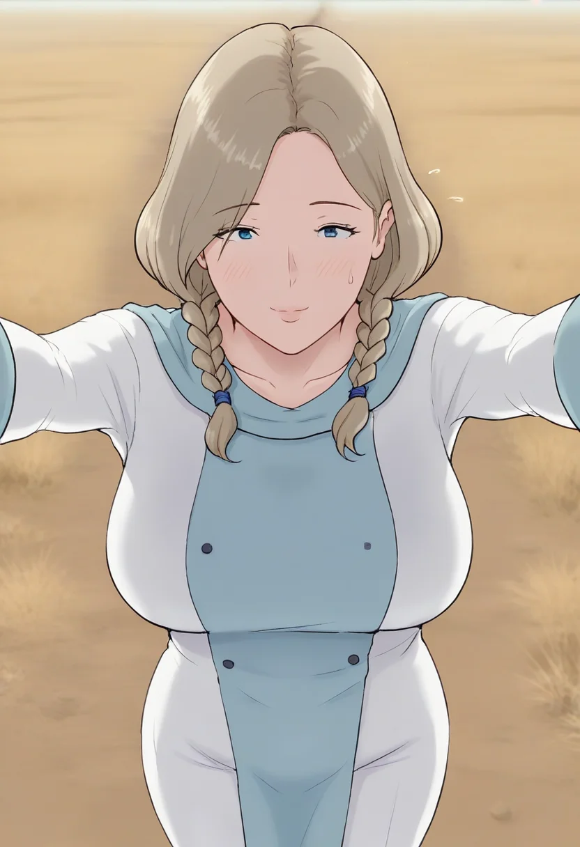 masterpiece, best quality, amazing quality, 1girl, mature_female, solo, large breasts, Dancing with an imaginary puppy, perspective, Light blue Surcoat, curly hair, braids, Dirty Blonde hair, savannah, face, <lora:Illustrous\horsetail_illu:1.0>
