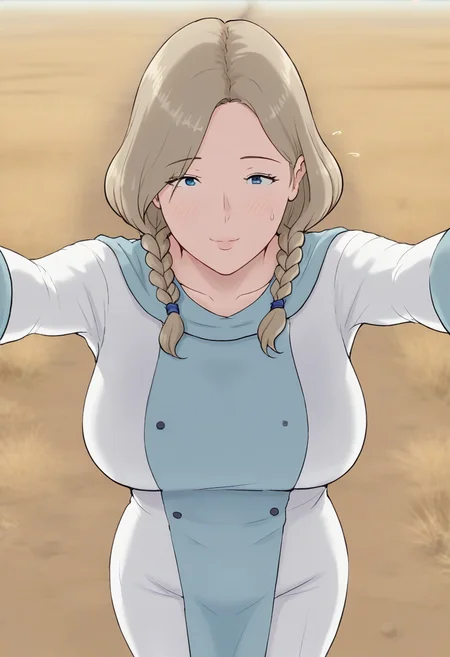 masterpiece, best quality, amazing quality, 1girl, mature_female, solo, large breasts, Dancing with an imaginary puppy, perspective, Light blue Surcoat, curly hair, braids, Dirty Blonde hair, savannah, face, <lora:Illustrous\horsetail_illu:1.0>