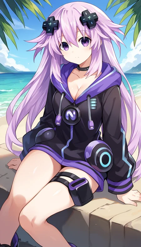 score_9, score_8_up, score_7_up, source_anime, 1girl, solo, purple hair, purple eyes, long hair, d-pad, d-pad hair ornament, black choker, cleavage, black hoodie, hood down, long sleeves, black footwear, thigh holster, sitting, outdoors, sunny, sky, beach, looking at viewer, cowboy shot, <lora:AdultNeptune_Neptunia_PonyXL:0.8>, Adult Neptune \(neptunia)\