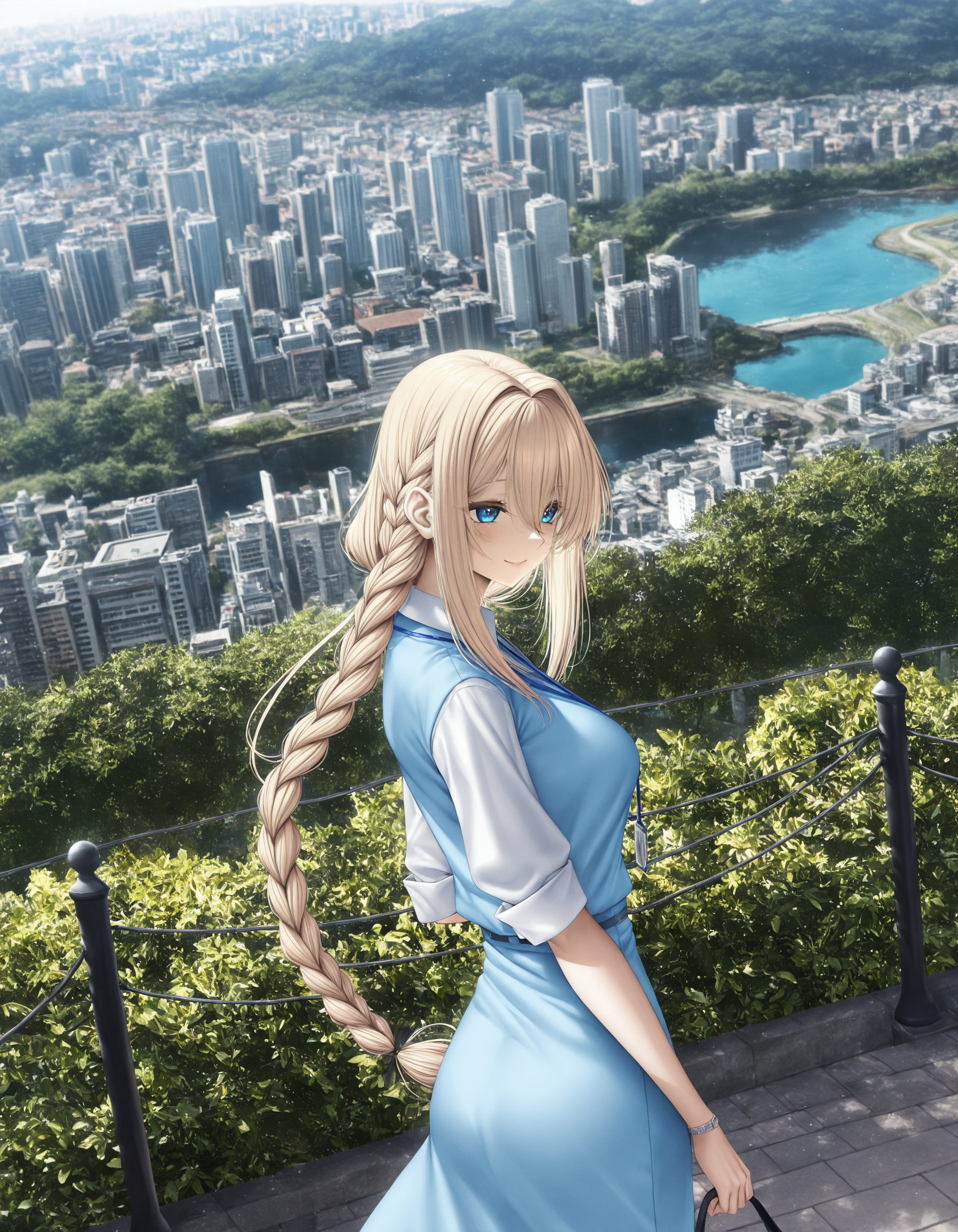 [park, river, cityscape:1girl, (eichi \(yashokuya\):0.9), (fouriasensei:0.9), (piromizu:0.8), park, river, cityscape, blonde hair, blue eyes, hair between eyes, sidelocks, side braid, single braid, medium breastsoffice lady, looking ahead, smile:0.2], masterpiece, best quality, extreme quality, cg, 8k